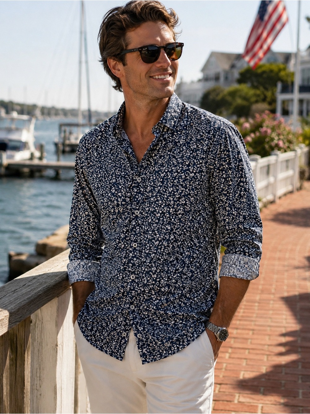 Bruno Milano Men’s XL Floral Button Down Shirt Navy White 100% Cotton Modern Fit